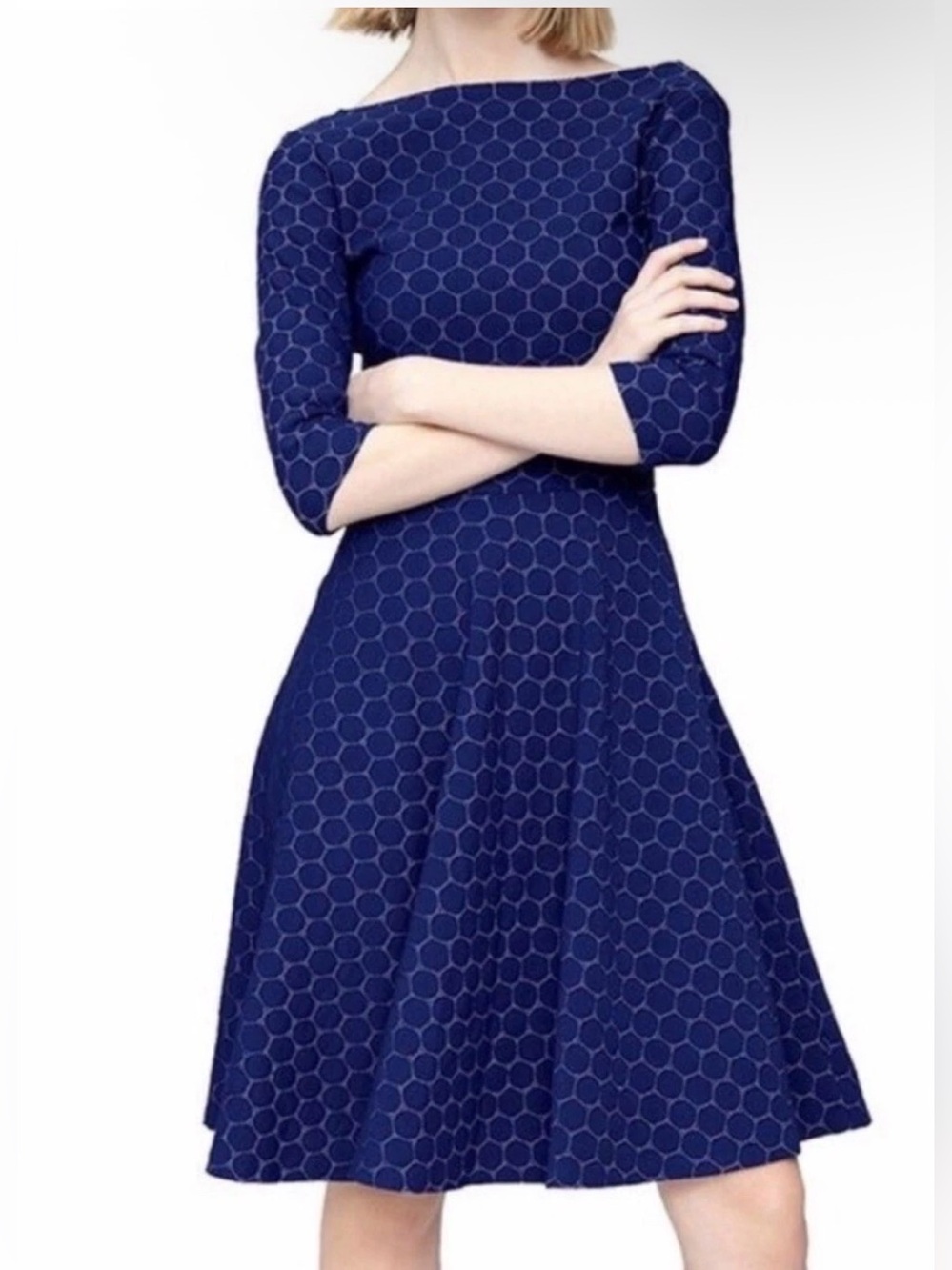 Leota Seraphina Navy Blue / White Honeycomb Fit & Flare Dress Size Small Petite